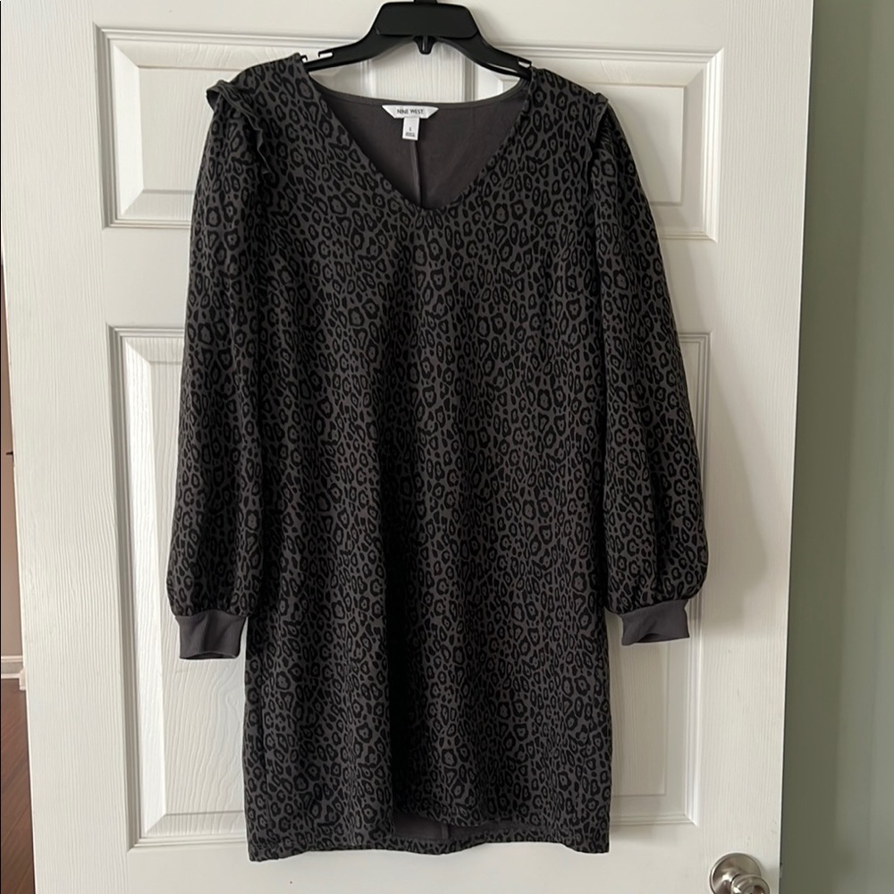 Nine West Gray Mini Dress with Long Bishop Sleeves and V-Neck for Cocktail
